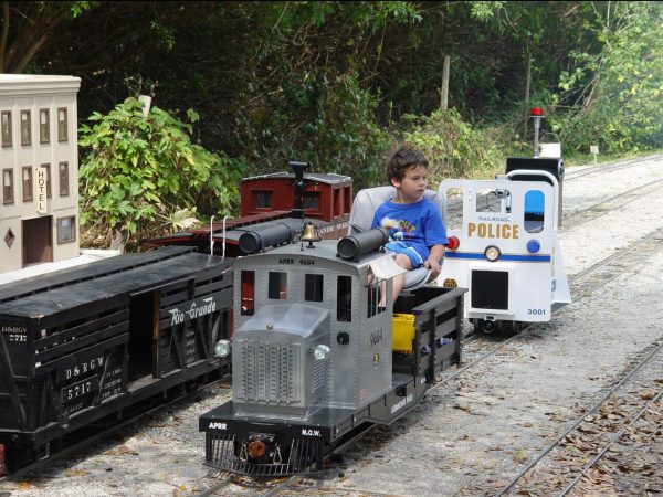 Children riding behind a gray diesel locomotive